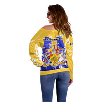 Barbados Coat of Arms Off Shoulder Sweater with Yellow Blue Pelican Dolphin Graphic - Wonder Print Shop