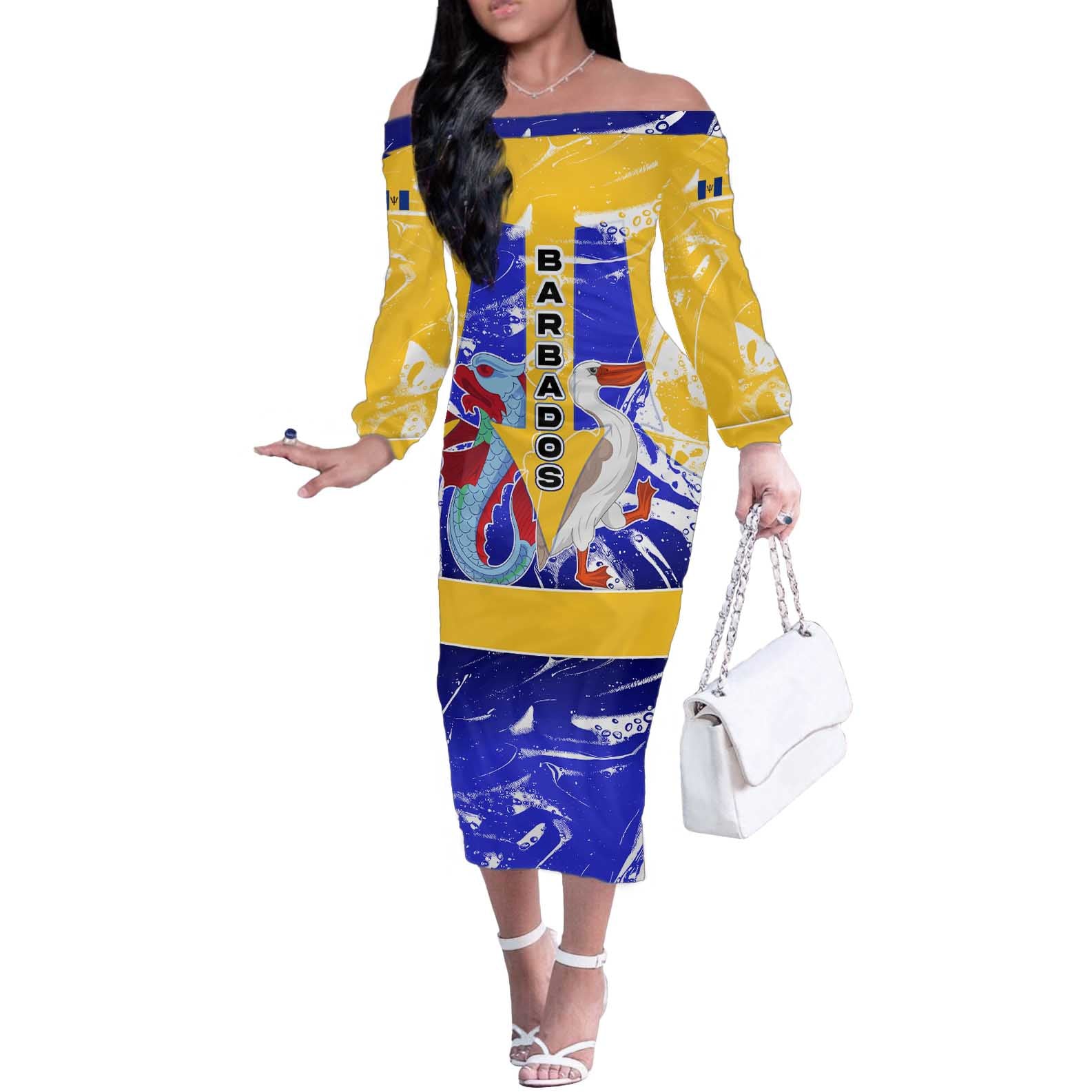 Barbados Coat of Arms Off The Shoulder Long Sleeve Dress with Yellow Blue Pelican Dolphin Graphic - Wonder Print Shop