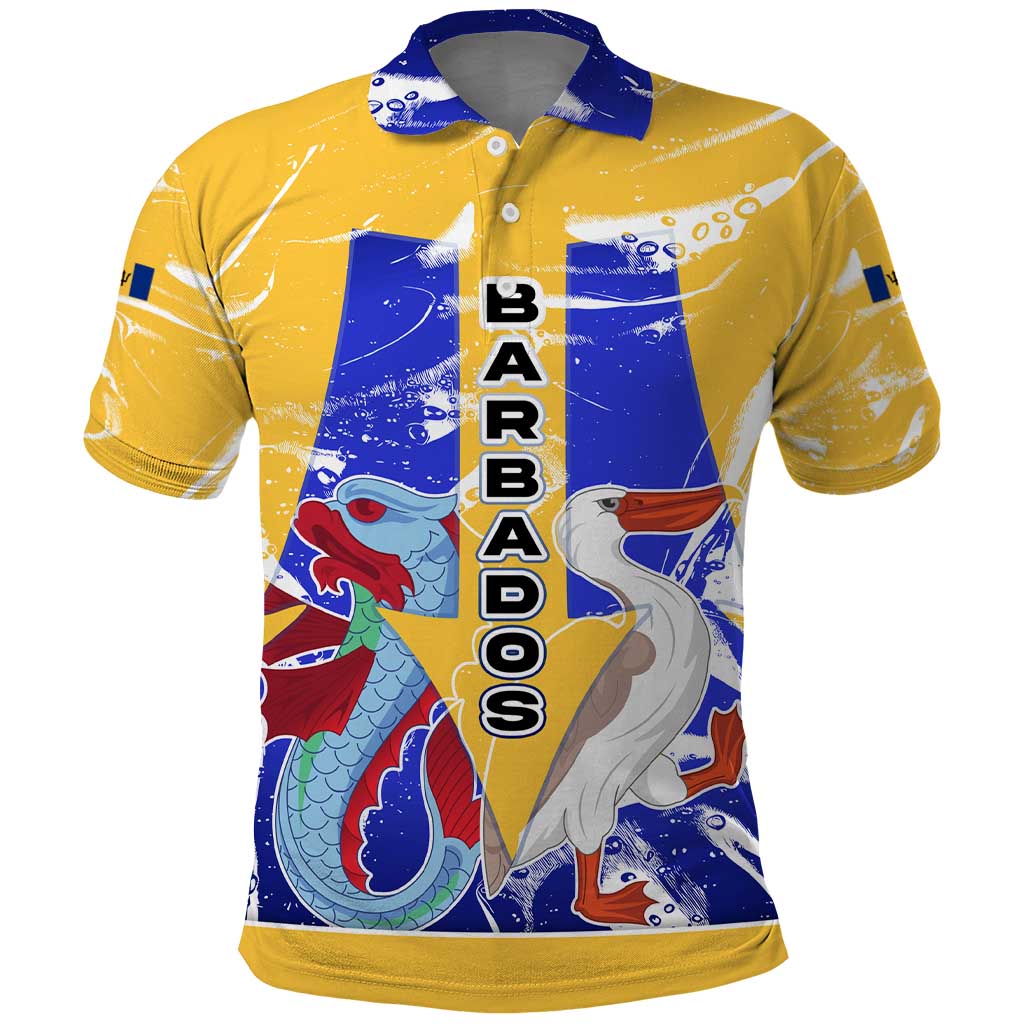 Barbados Coat of Arms Polo Shirt with Yellow Blue Pelican Dolphin Graphic - Wonder Print Shop