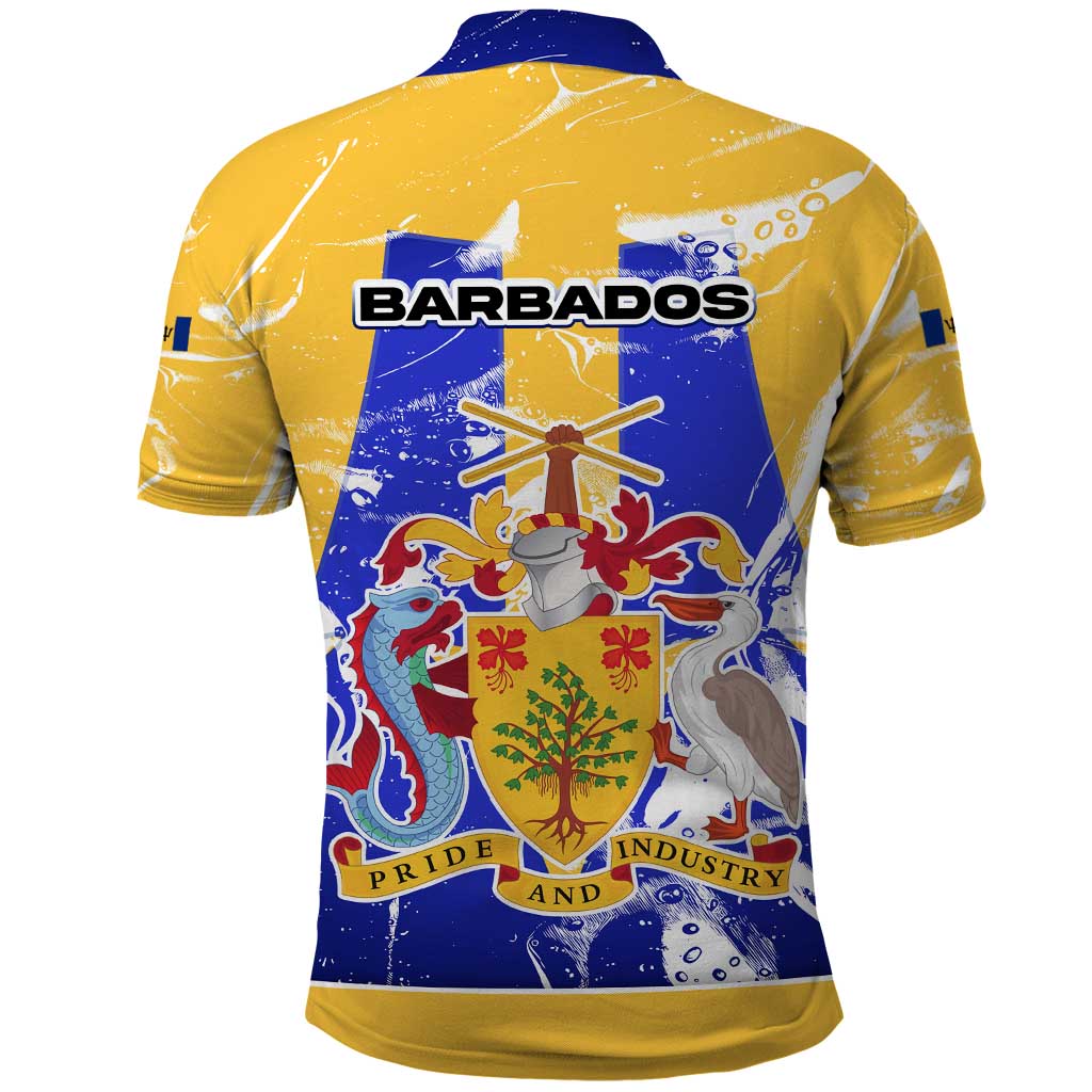 Barbados Coat of Arms Polo Shirt with Yellow Blue Pelican Dolphin Graphic - Wonder Print Shop