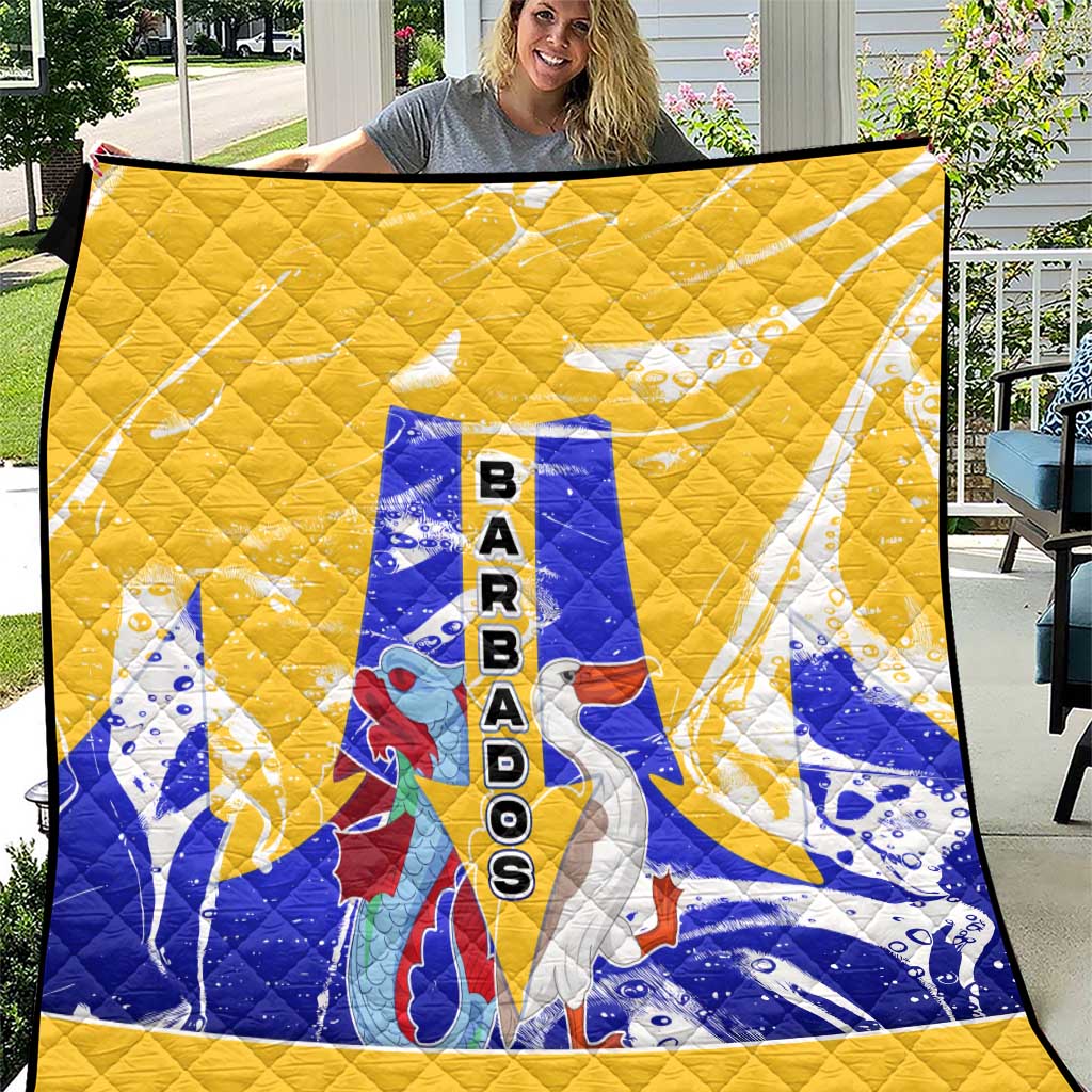 Barbados Coat of Arms Quilt with Yellow Blue Pelican Dolphin Graphic - Wonder Print Shop