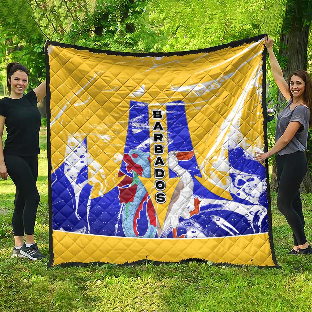 Barbados Coat of Arms Quilt with Yellow Blue Pelican Dolphin Graphic - Wonder Print Shop