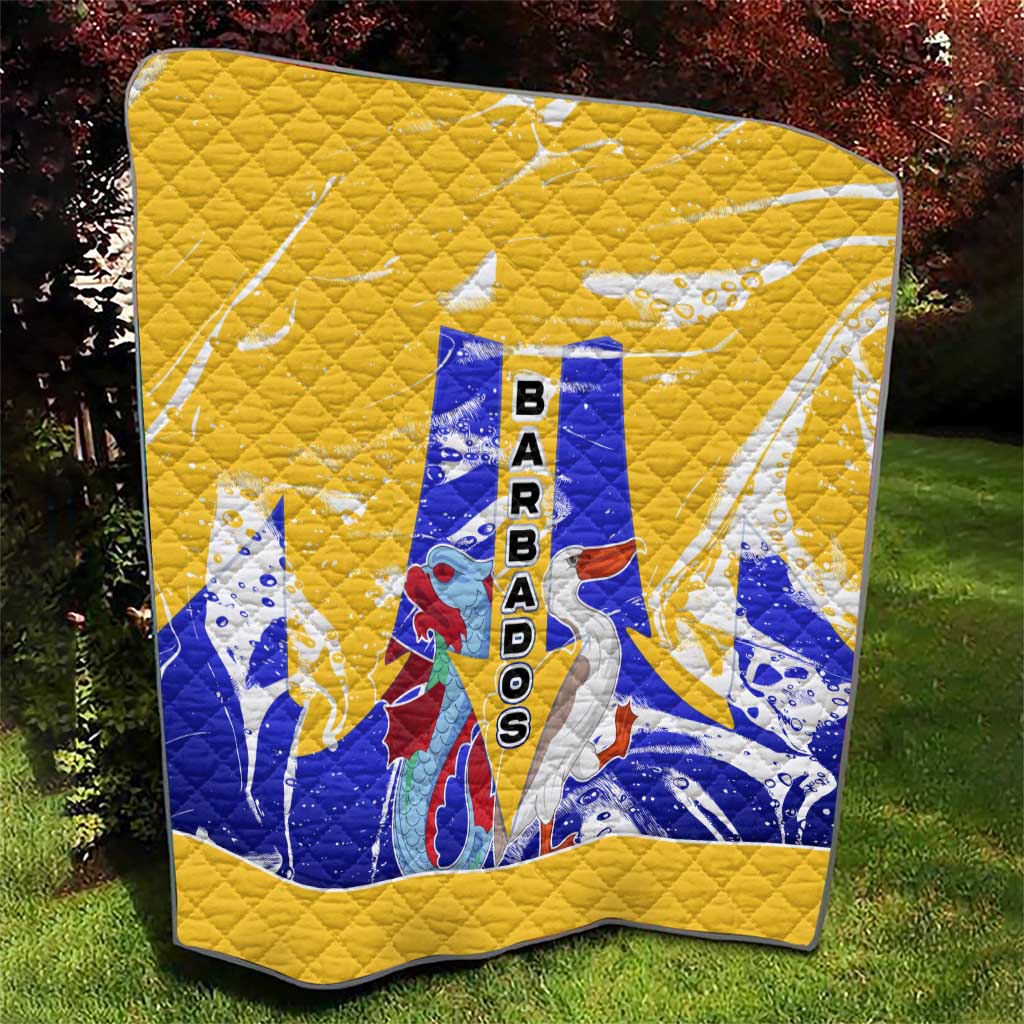 Barbados Coat of Arms Quilt with Yellow Blue Pelican Dolphin Graphic - Wonder Print Shop