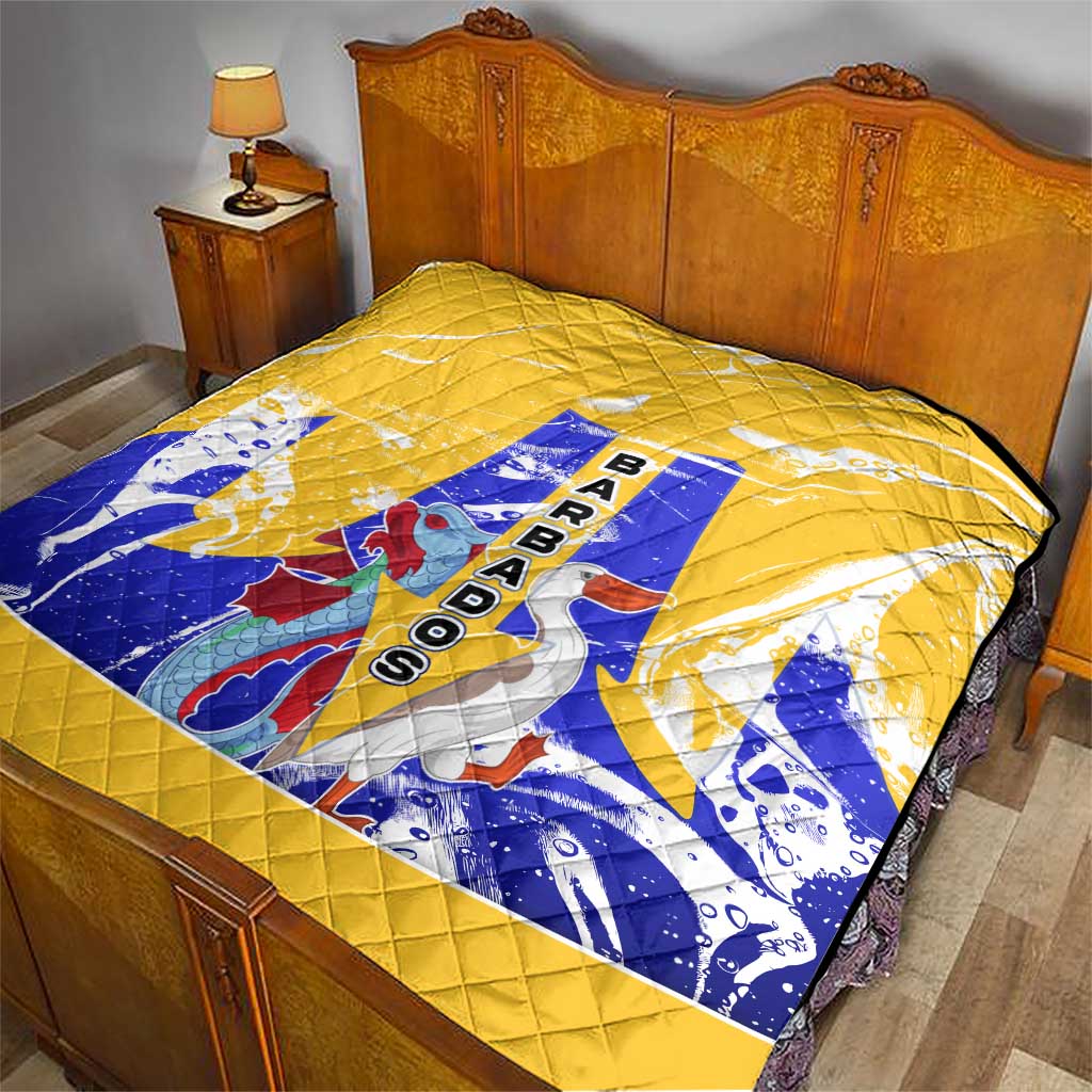 Barbados Coat of Arms Quilt with Yellow Blue Pelican Dolphin Graphic - Wonder Print Shop