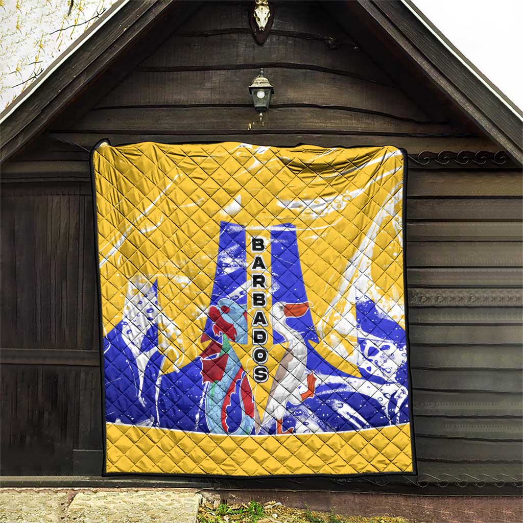 Barbados Coat of Arms Quilt with Yellow Blue Pelican Dolphin Graphic - Wonder Print Shop