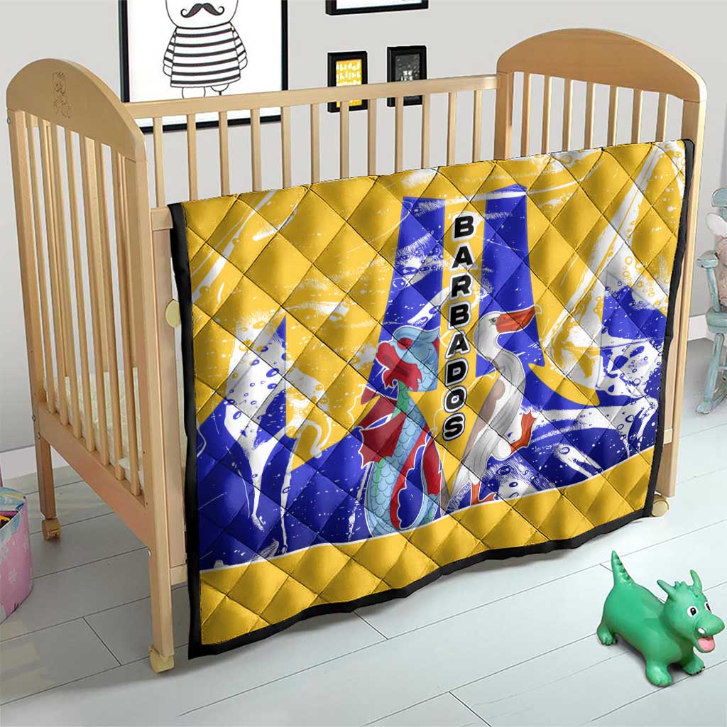 Barbados Coat of Arms Quilt with Yellow Blue Pelican Dolphin Graphic - Wonder Print Shop