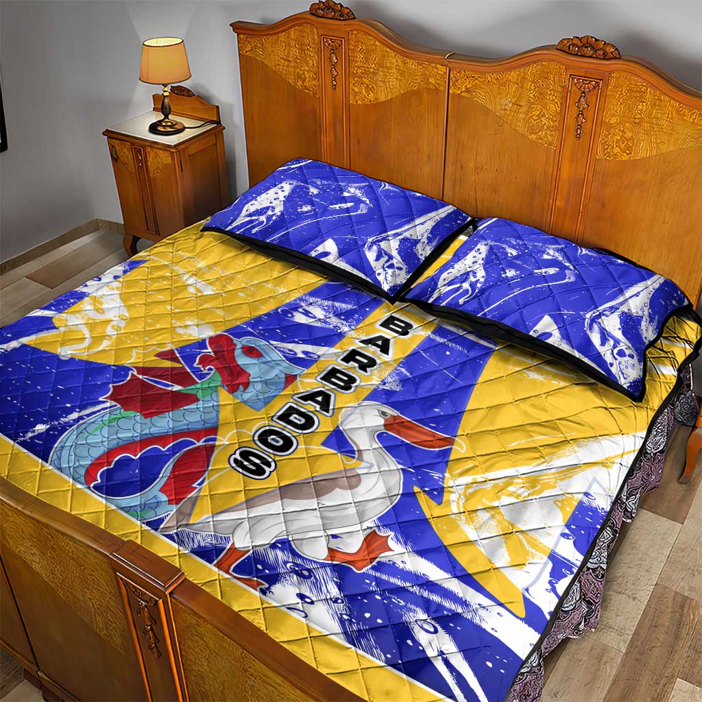 Barbados Coat of Arms Quilt Bed Set with Yellow Blue Pelican Dolphin Graphic - Wonder Print Shop
