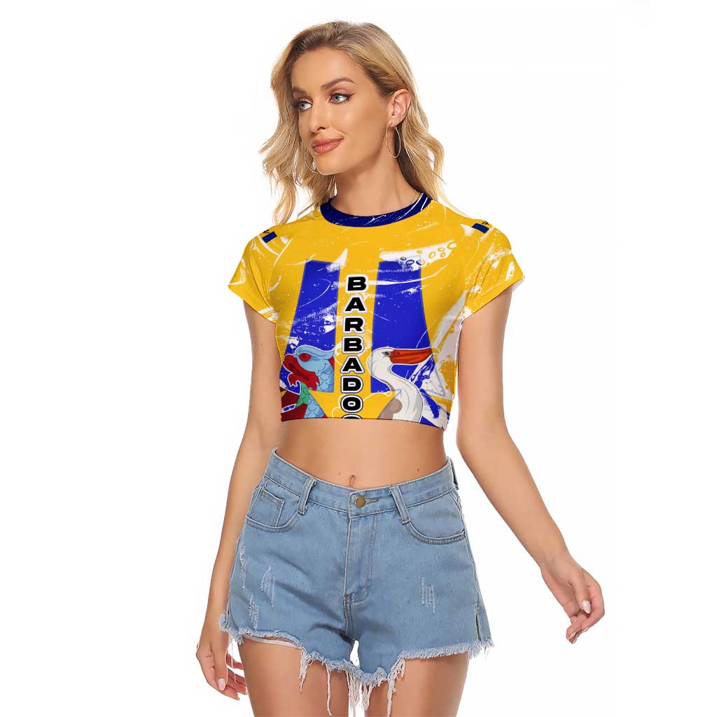 Barbados Coat of Arms Raglan Cropped T Shirt with Yellow Blue Pelican Dolphin Graphic - Wonder Print Shop