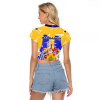 Barbados Coat of Arms Raglan Cropped T Shirt with Yellow Blue Pelican Dolphin Graphic - Wonder Print Shop