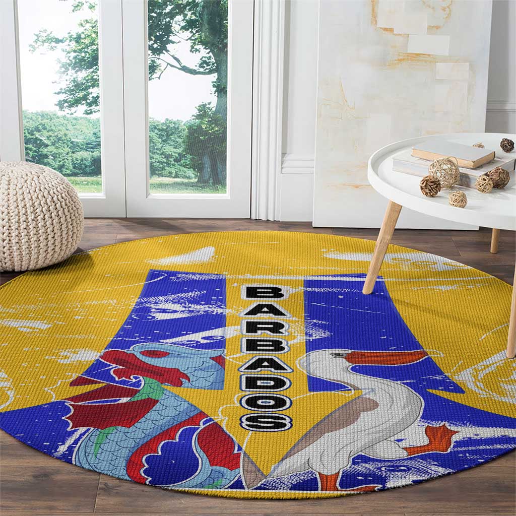 Barbados Coat of Arms Round Carpet with Yellow Blue Pelican Dolphin Graphic - Wonder Print Shop