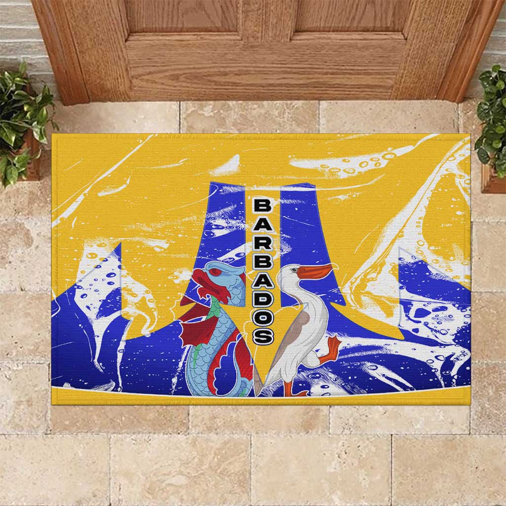Barbados Coat of Arms Rubber Doormat with Yellow Blue Pelican Dolphin Graphic - Wonder Print Shop
