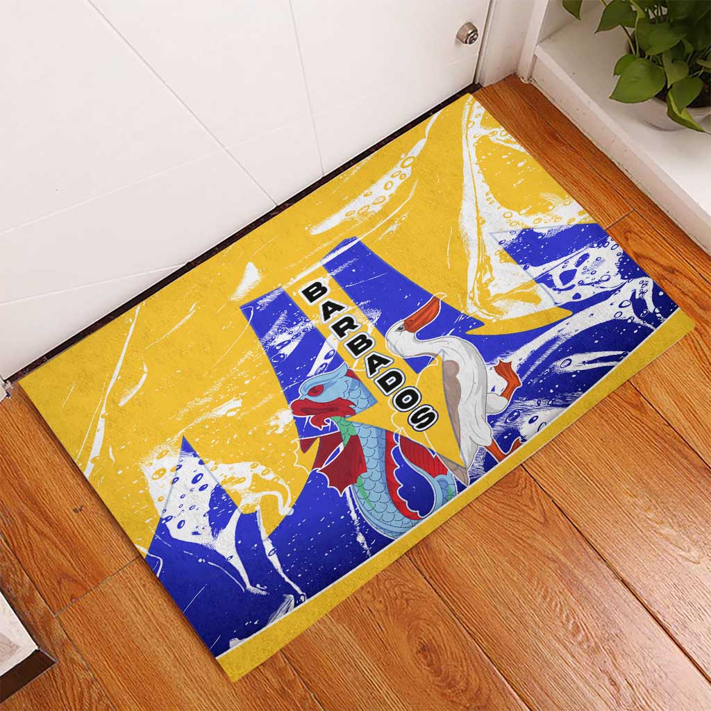 Barbados Coat of Arms Rubber Doormat with Yellow Blue Pelican Dolphin Graphic - Wonder Print Shop