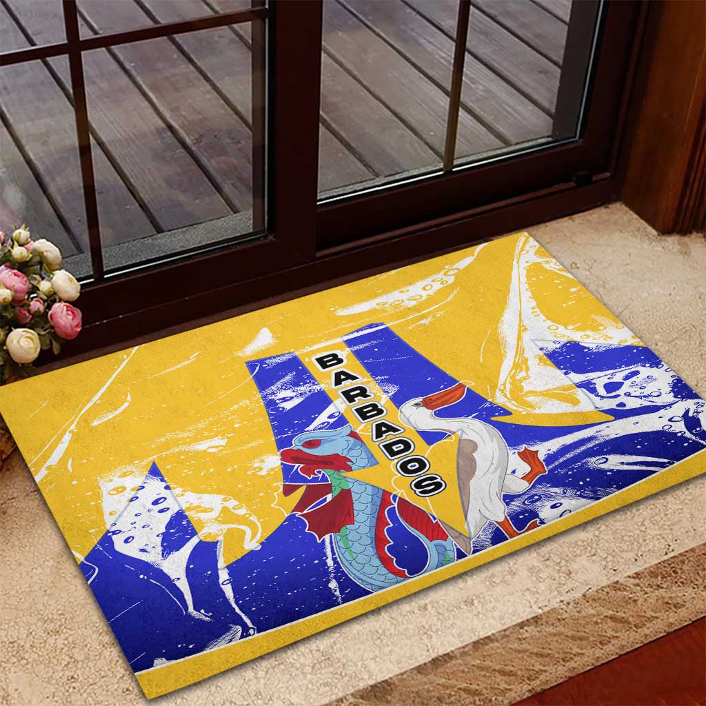 Barbados Coat of Arms Rubber Doormat with Yellow Blue Pelican Dolphin Graphic - Wonder Print Shop
