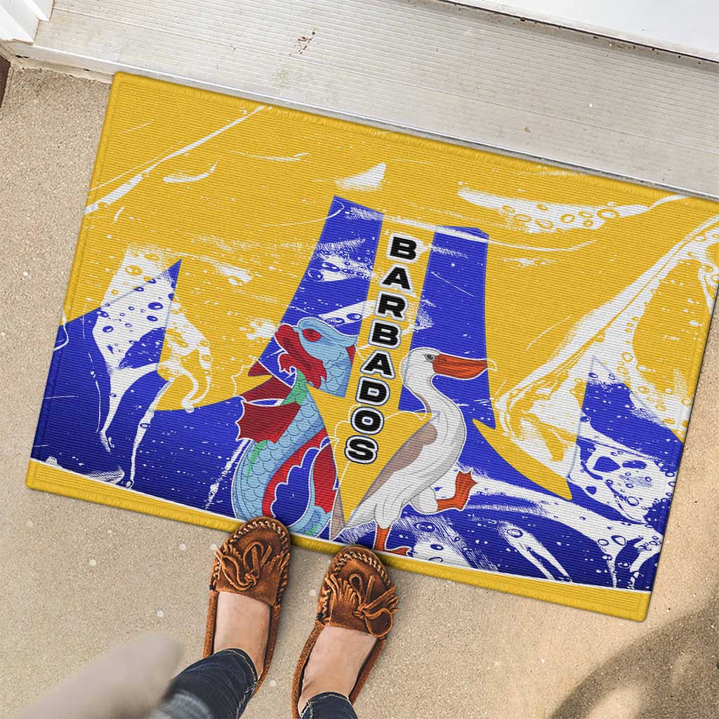 Barbados Coat of Arms Rubber Doormat with Yellow Blue Pelican Dolphin Graphic - Wonder Print Shop