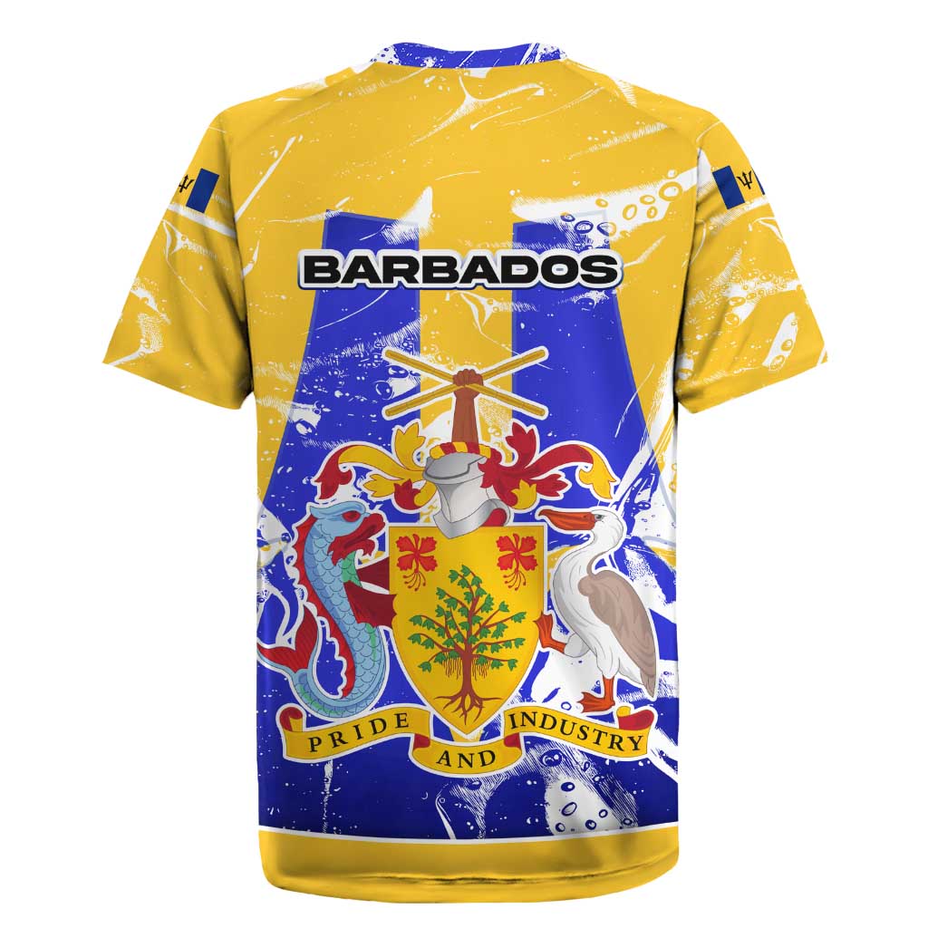 Barbados Coat of Arms Rugby Jersey with Yellow Blue Pelican Dolphin Graphic - Wonder Print Shop