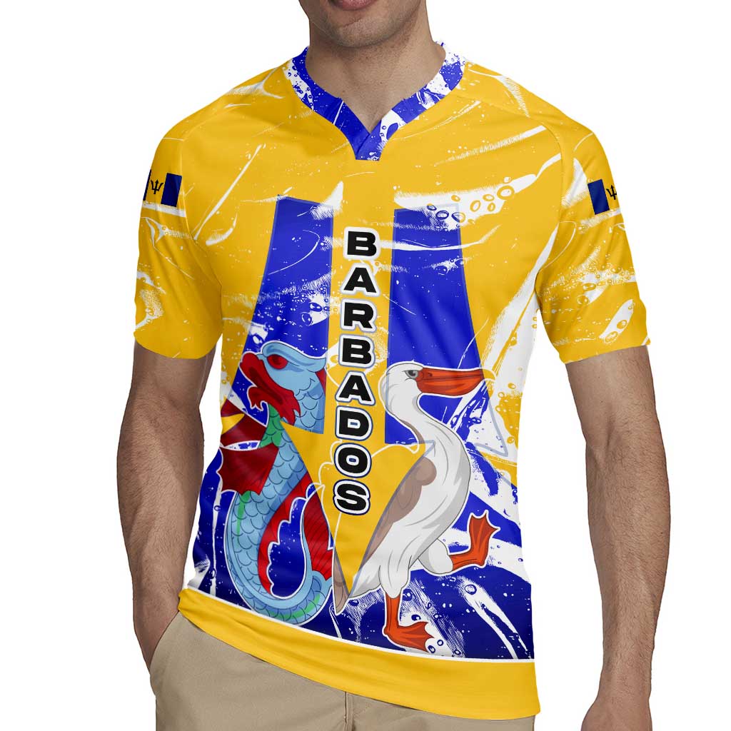 Barbados Coat of Arms Rugby Jersey with Yellow Blue Pelican Dolphin Graphic - Wonder Print Shop