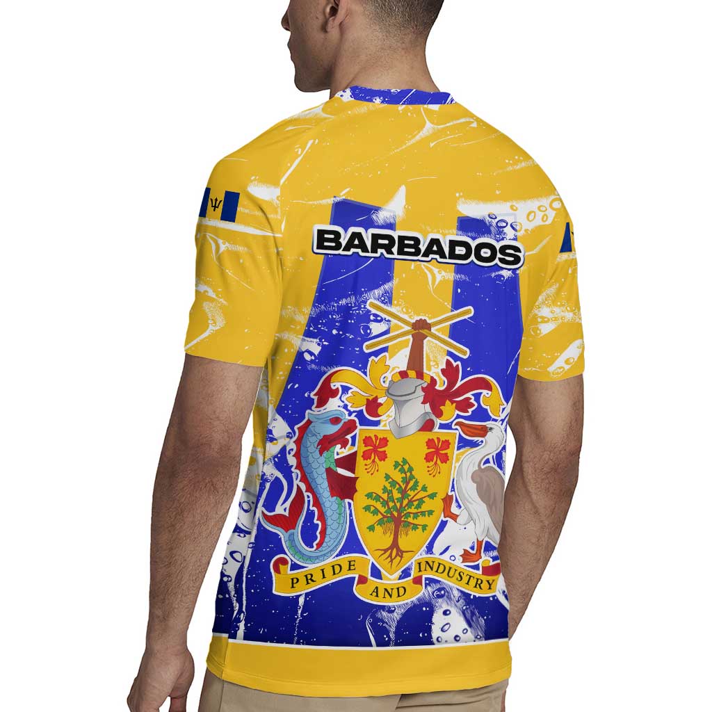 Barbados Coat of Arms Rugby Jersey with Yellow Blue Pelican Dolphin Graphic - Wonder Print Shop