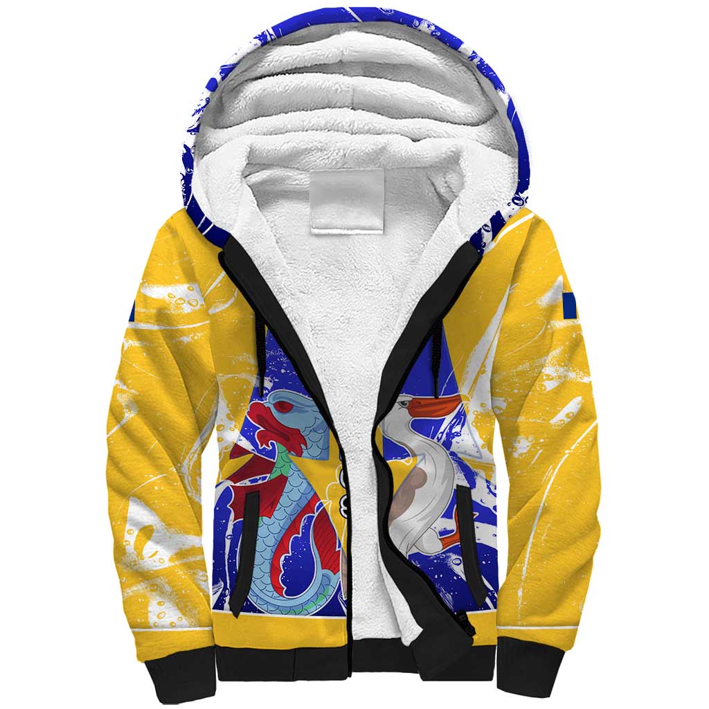 Barbados Coat of Arms Sherpa Hoodie with Yellow Blue Pelican Dolphin Graphic - Wonder Print Shop
