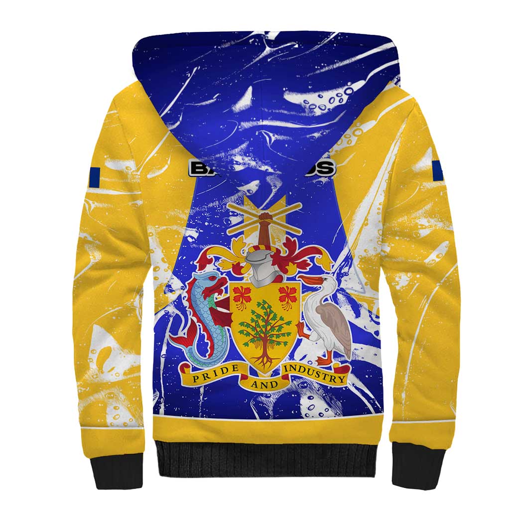 Barbados Coat of Arms Sherpa Hoodie with Yellow Blue Pelican Dolphin Graphic - Wonder Print Shop