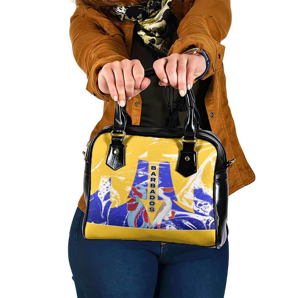 Barbados Coat of Arms Shoulder Handbag with Yellow Blue Pelican Dolphin Graphic - Wonder Print Shop