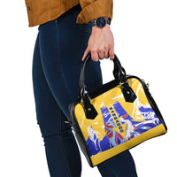 Barbados Coat of Arms Shoulder Handbag with Yellow Blue Pelican Dolphin Graphic - Wonder Print Shop