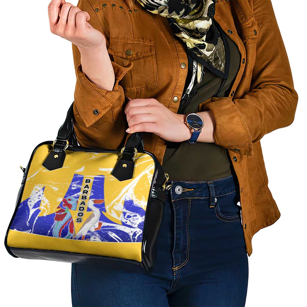 Barbados Coat of Arms Shoulder Handbag with Yellow Blue Pelican Dolphin Graphic - Wonder Print Shop