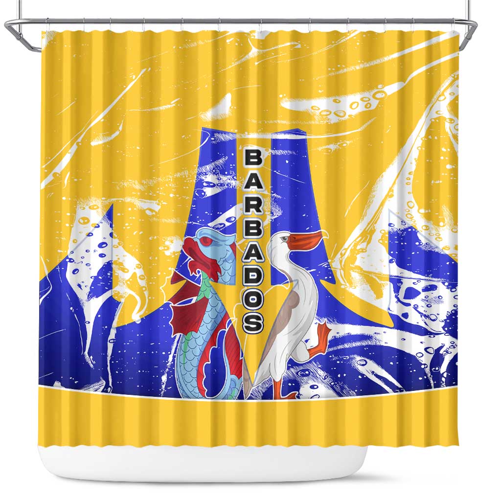 Barbados Coat of Arms Shower Curtain with Yellow Blue Pelican Dolphin Graphic - Wonder Print Shop