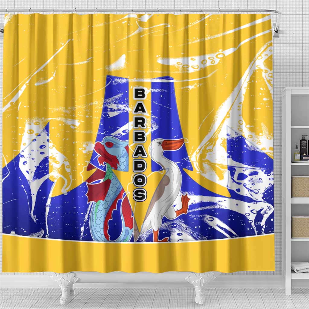 Barbados Coat of Arms Shower Curtain with Yellow Blue Pelican Dolphin Graphic - Wonder Print Shop