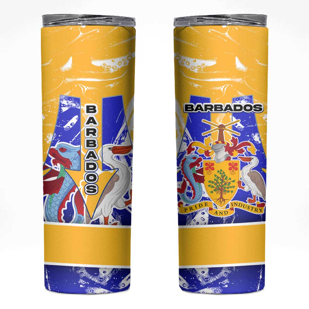 Barbados Coat of Arms Skinny Tumbler with Yellow Blue Pelican Dolphin Graphic - Wonder Print Shop