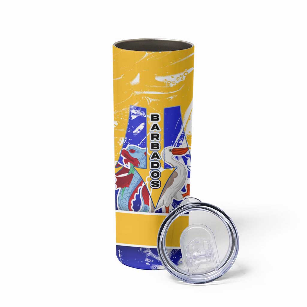 Barbados Coat of Arms Skinny Tumbler with Yellow Blue Pelican Dolphin Graphic - Wonder Print Shop