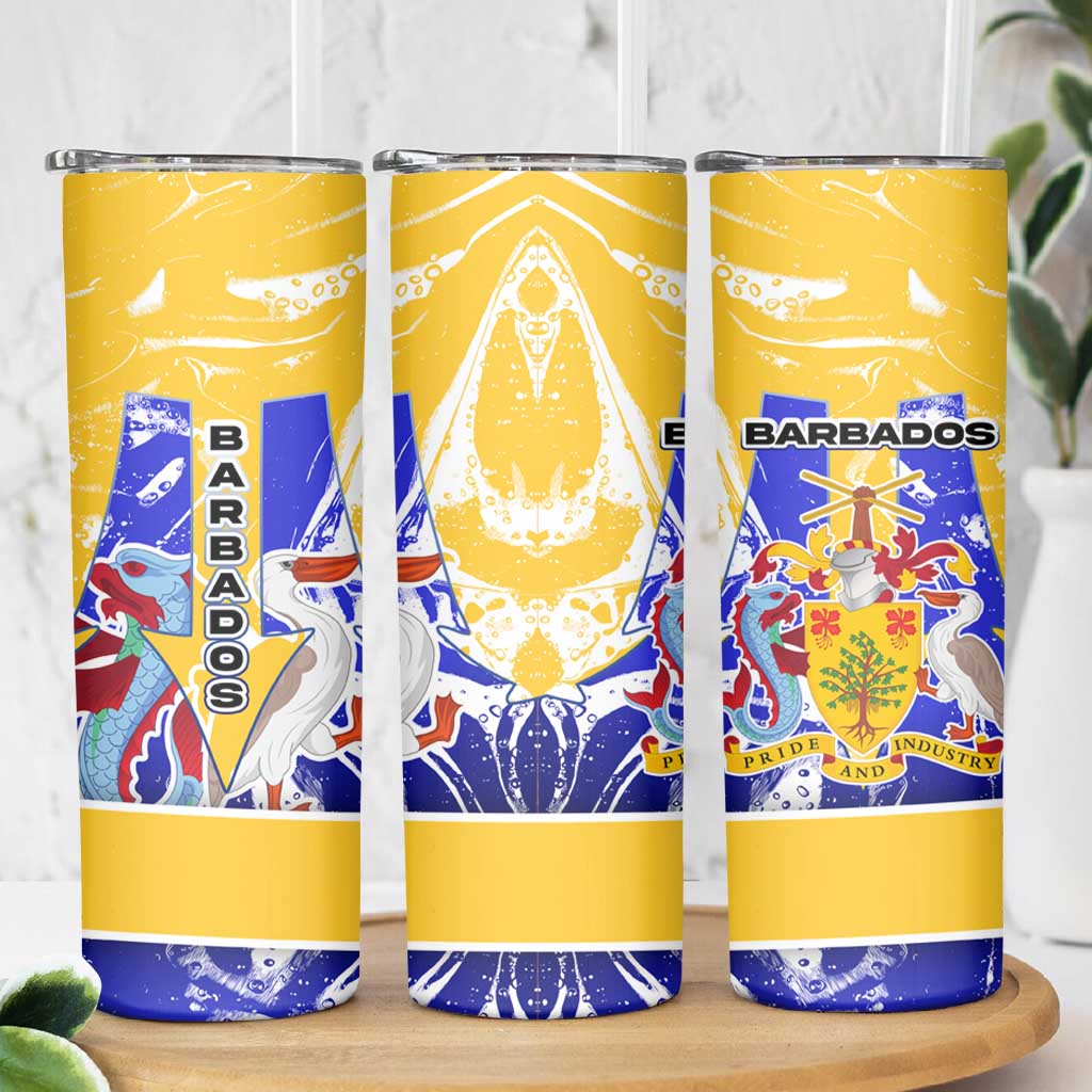 Barbados Coat of Arms Skinny Tumbler with Yellow Blue Pelican Dolphin Graphic - Wonder Print Shop