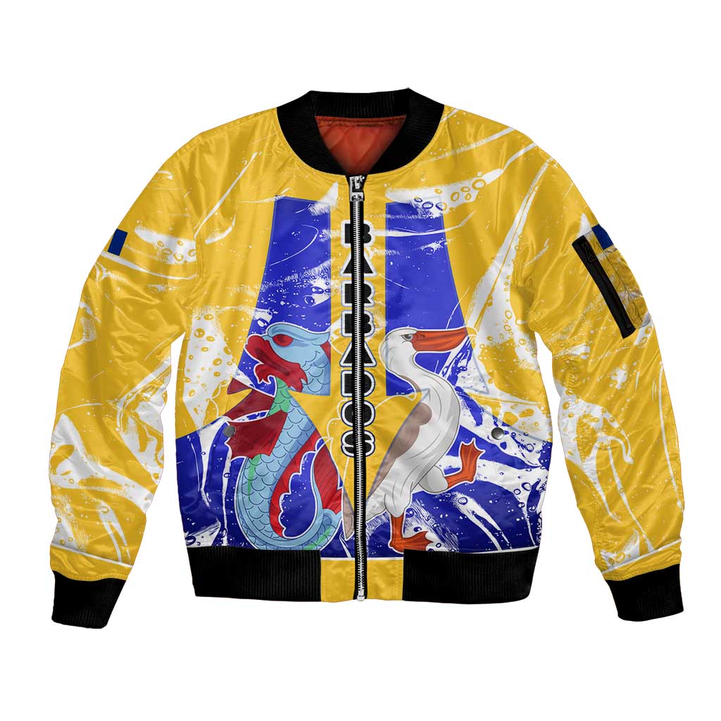 Barbados Coat of Arms Sleeve Zip Bomber Jacket with Yellow Blue Pelican Dolphin Graphic - Wonder Print Shop