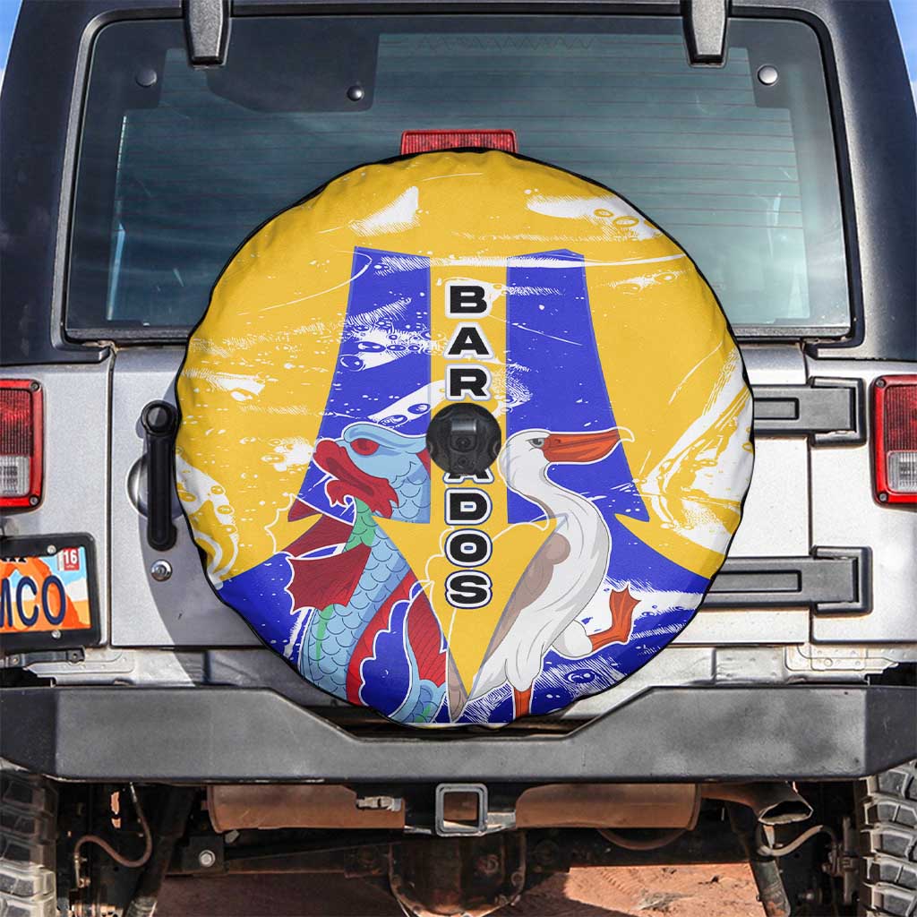 Barbados Coat of Arms Spare Tire Cover with Yellow Blue Pelican Dolphin Graphic - Wonder Print Shop
