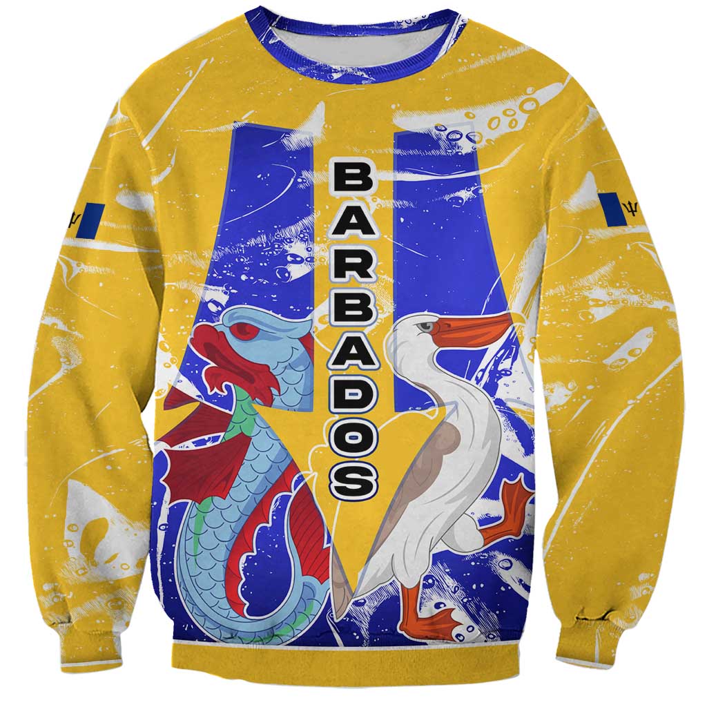Barbados Coat of Arms Sweatshirt with Yellow Blue Pelican Dolphin Graphic - Wonder Print Shop