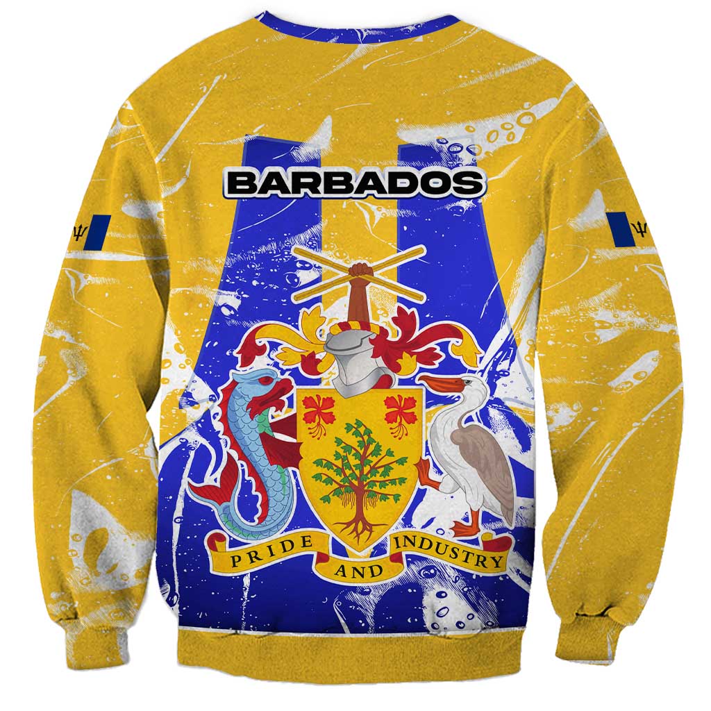 Barbados Coat of Arms Sweatshirt with Yellow Blue Pelican Dolphin Graphic - Wonder Print Shop