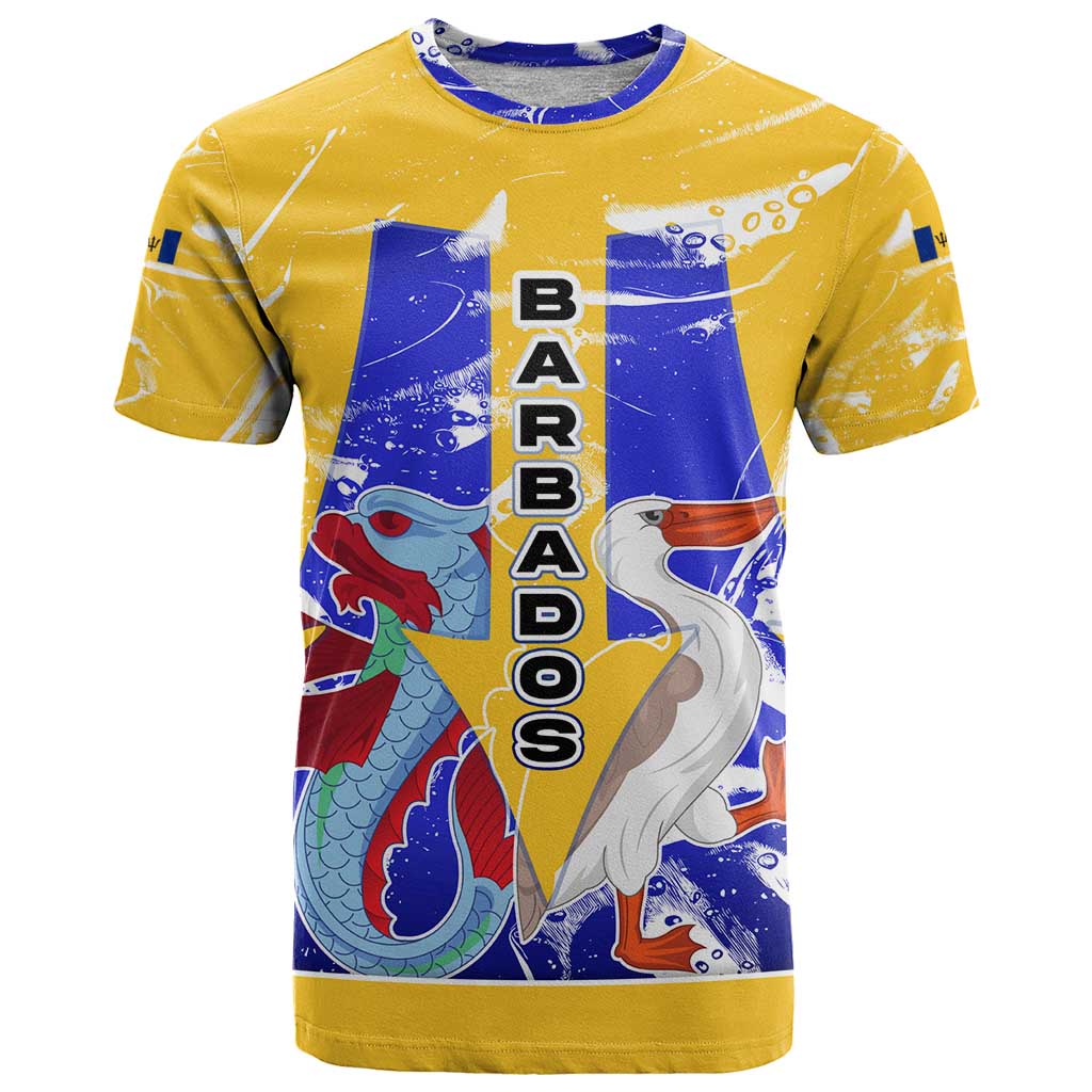 Barbados Coat of Arms T Shirt with Yellow Blue Pelican Dolphin Graphic - Wonder Print Shop