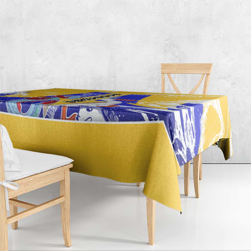 Barbados Coat of Arms Tablecloth with Yellow Blue Pelican Dolphin Graphic - Wonder Print Shop