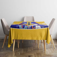 Barbados Coat of Arms Tablecloth with Yellow Blue Pelican Dolphin Graphic - Wonder Print Shop