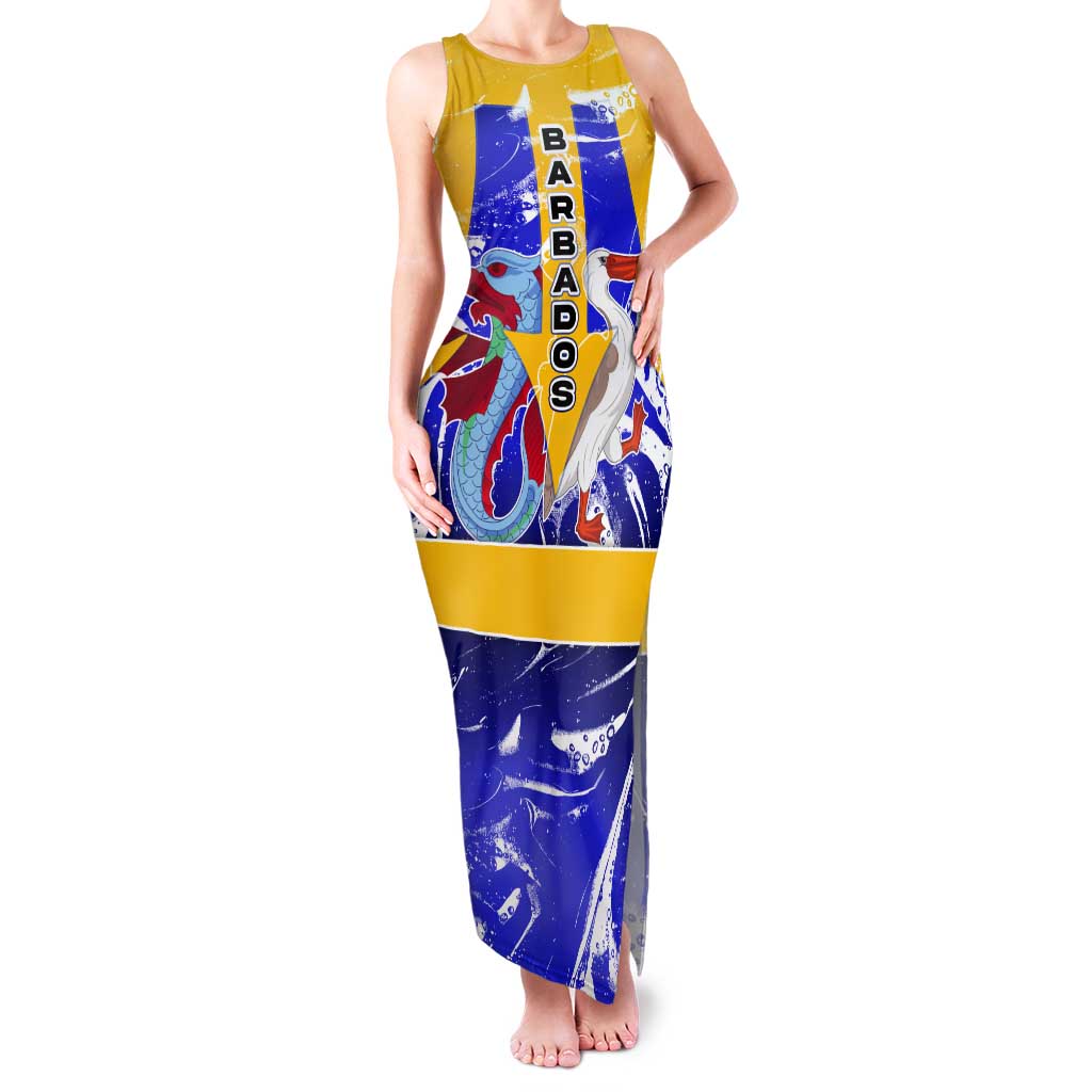 Barbados Coat of Arms Tank Maxi Dress with Yellow Blue Pelican Dolphin Graphic - Wonder Print Shop