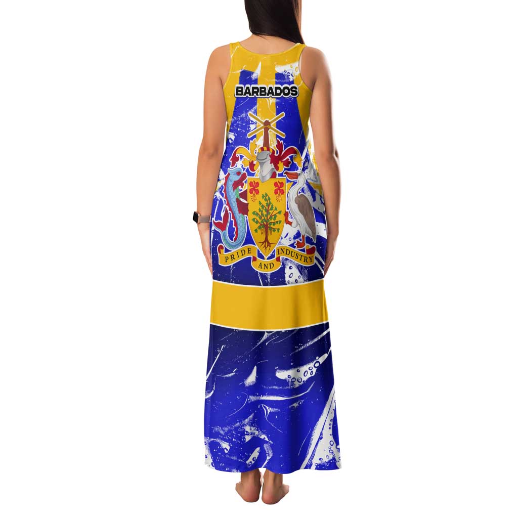 Barbados Coat of Arms Tank Maxi Dress with Yellow Blue Pelican Dolphin Graphic - Wonder Print Shop