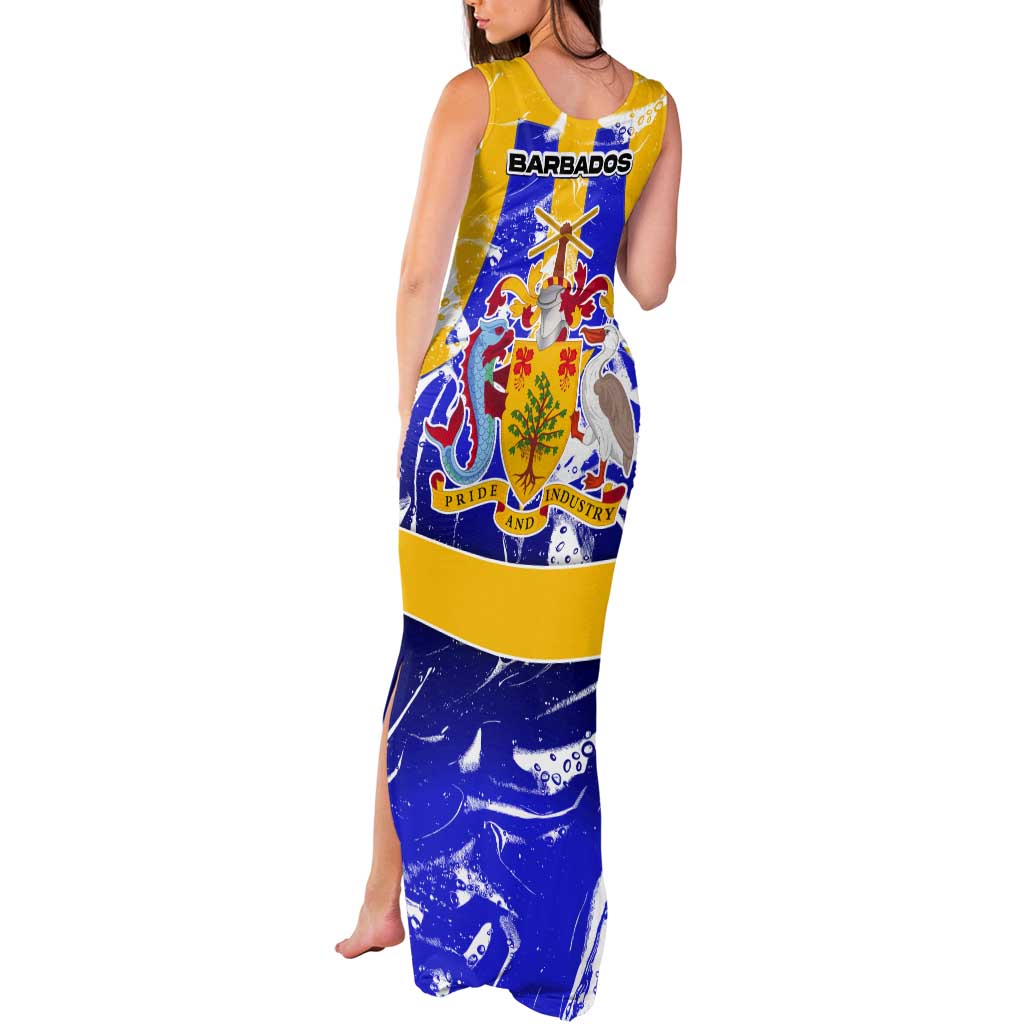 Barbados Coat of Arms Tank Maxi Dress with Yellow Blue Pelican Dolphin Graphic - Wonder Print Shop