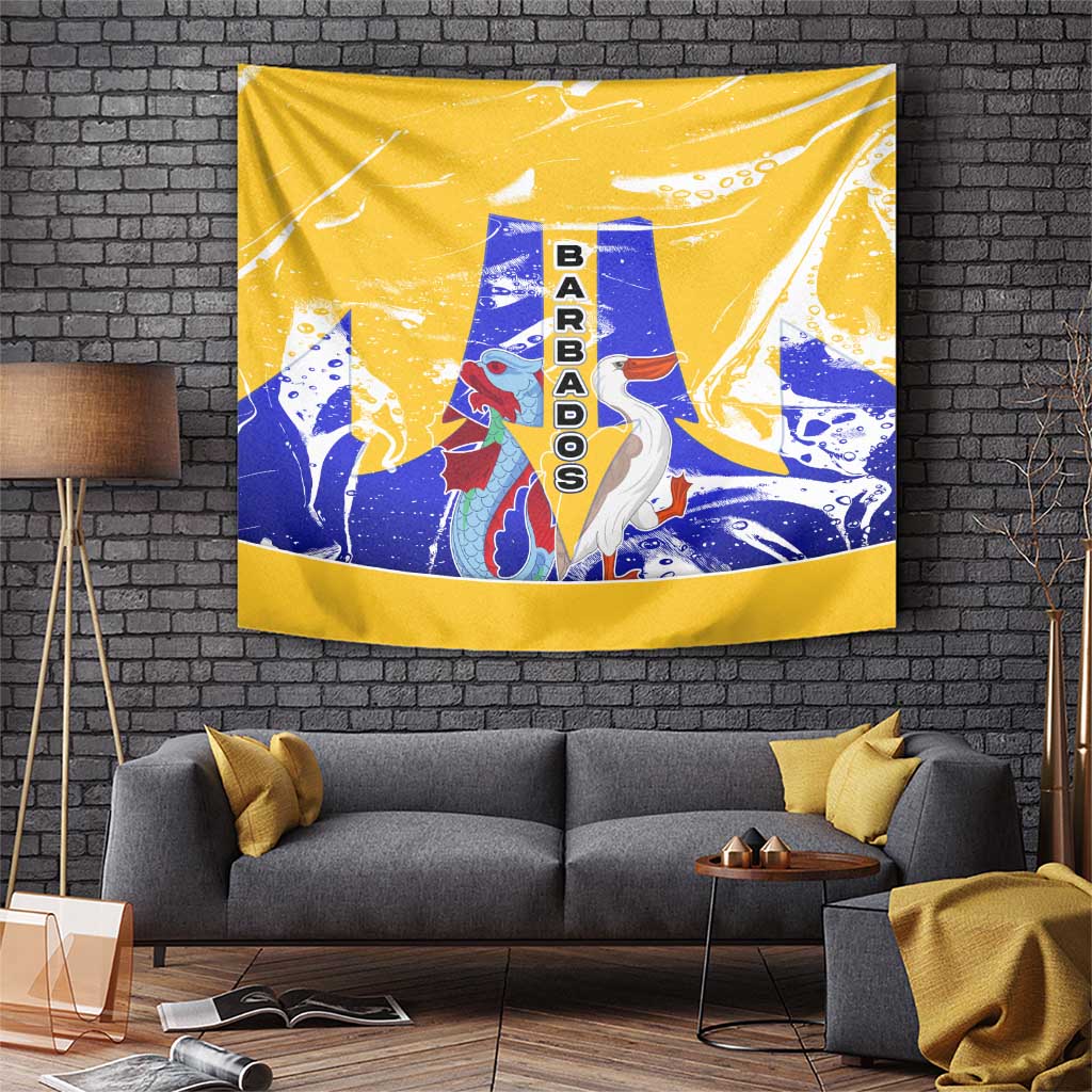 Barbados Coat of Arms Tapestry with Yellow Blue Pelican Dolphin Graphic - Wonder Print Shop