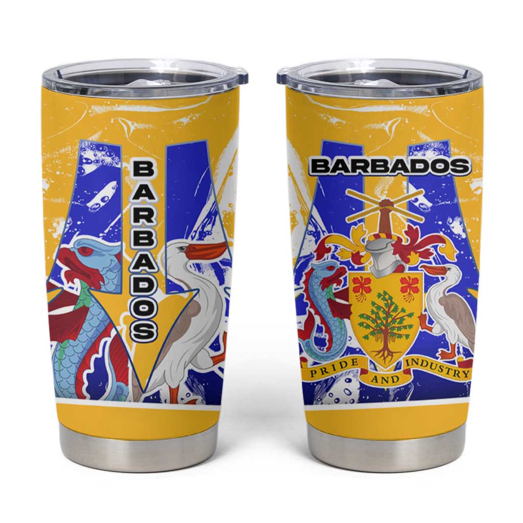 Barbados Coat of Arms Tumbler Cup with Yellow Blue Pelican Dolphin Graphic - Wonder Print Shop
