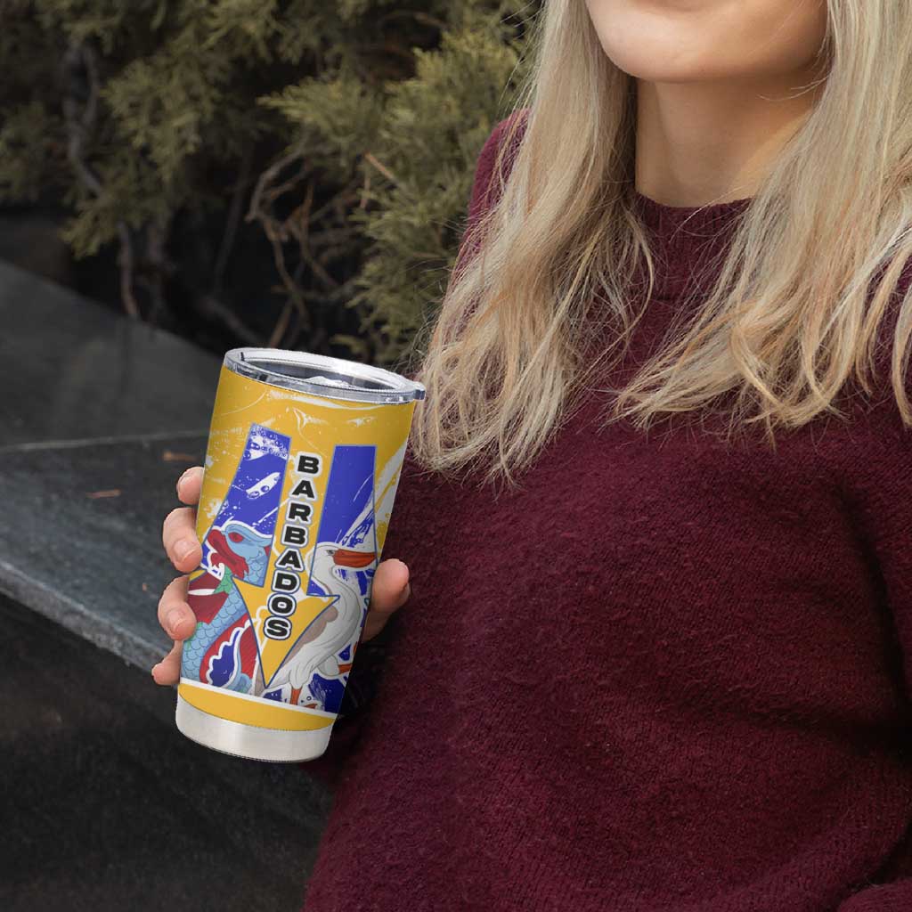 Barbados Coat of Arms Tumbler Cup with Yellow Blue Pelican Dolphin Graphic - Wonder Print Shop