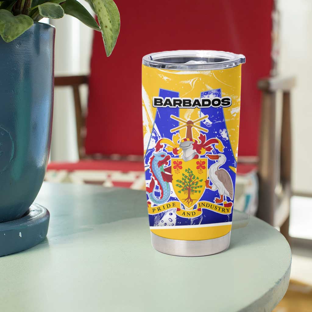 Barbados Coat of Arms Tumbler Cup with Yellow Blue Pelican Dolphin Graphic - Wonder Print Shop