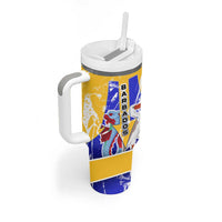 Barbados Coat of Arms Tumbler With Handle with Yellow Blue Pelican Dolphin Graphic - Wonder Print Shop