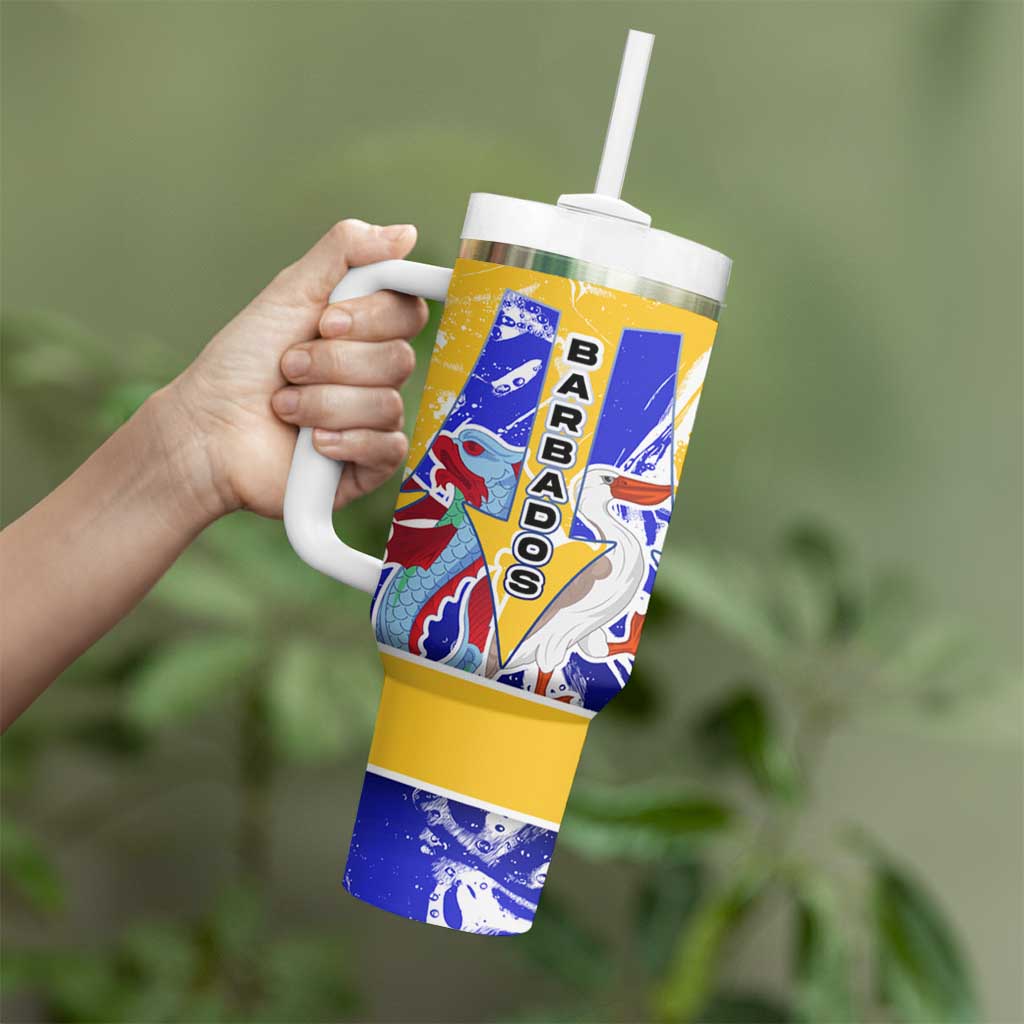 Barbados Coat of Arms Tumbler With Handle with Yellow Blue Pelican Dolphin Graphic - Wonder Print Shop