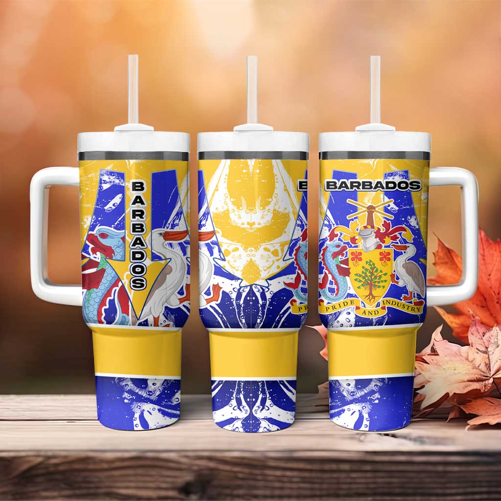 Barbados Coat of Arms Tumbler With Handle with Yellow Blue Pelican Dolphin Graphic - Wonder Print Shop