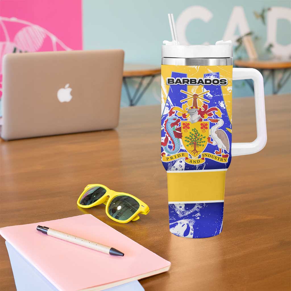 Barbados Coat of Arms Tumbler With Handle with Yellow Blue Pelican Dolphin Graphic - Wonder Print Shop