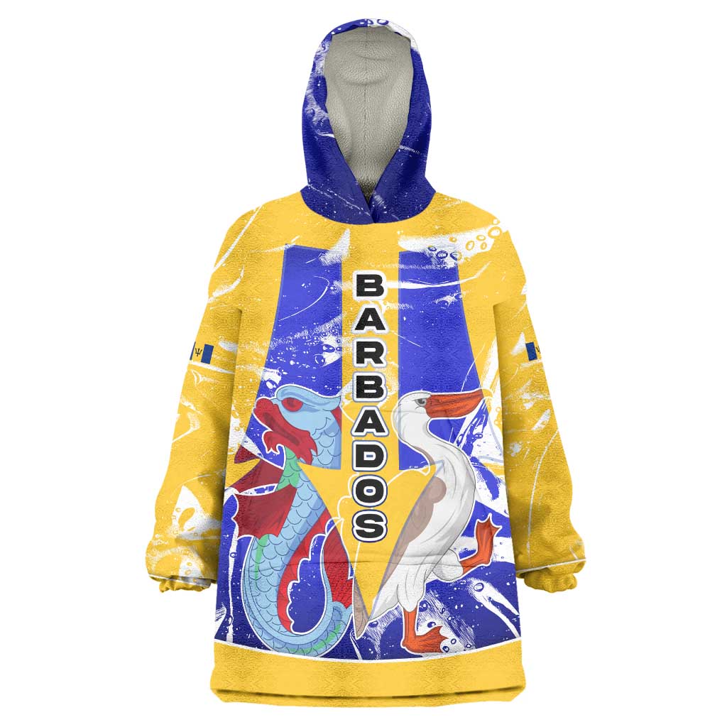 Barbados Coat of Arms Wearable Blanket Hoodie with Yellow Blue Pelican Dolphin Graphic - Wonder Print Shop